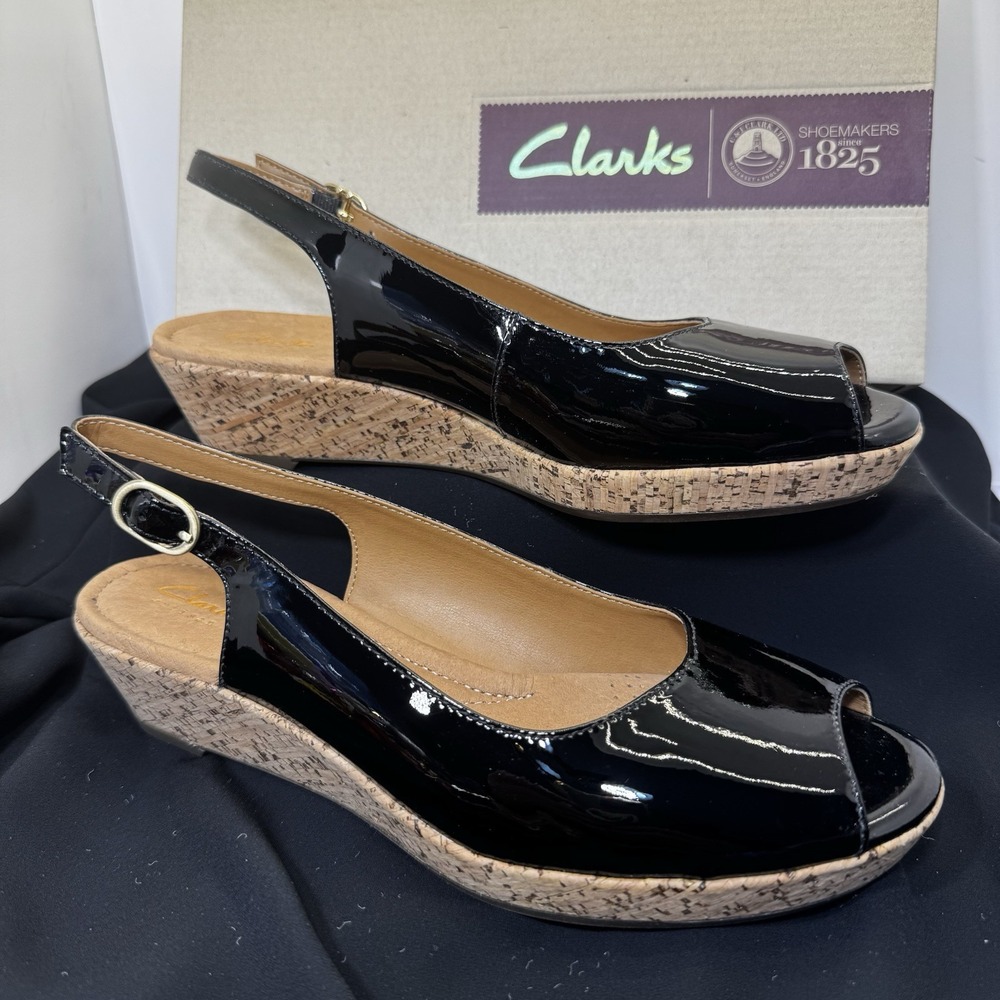 NEW Peep Toe Sz 7.5 Clarks Artisan Orlena Black Patent Leather Wedges Cork Heel